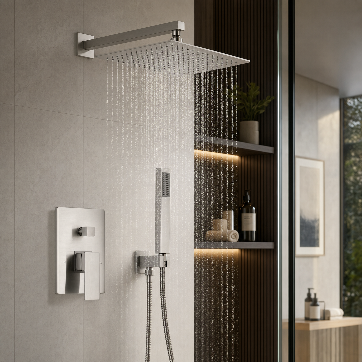12-Inch Square Rain Shower Head Concealed Shower System, Brushed Nickel