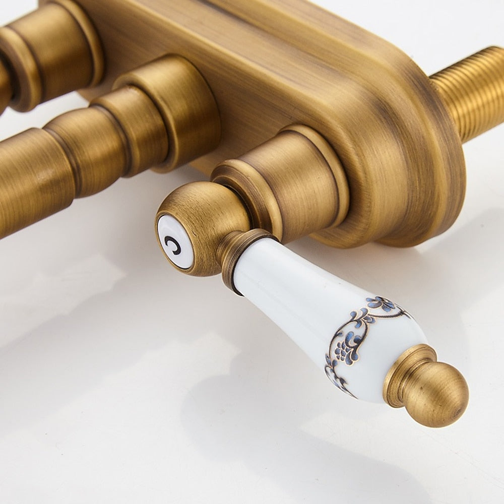 Antique Brass Swivel Spout Bathroom Faucet, Vintage Double-Handle Centerset Faucet