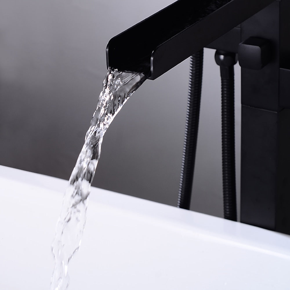 Modern Waterfall Freestanding Tub Filler, Single-Handle Tub Faucet with Handheld Shower