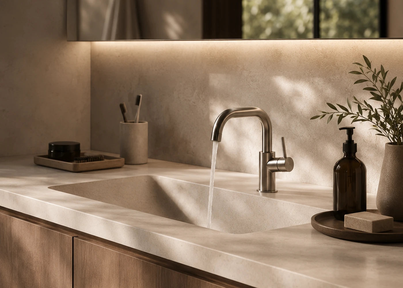 Bathroom faucet and accessories arranged for daily routines