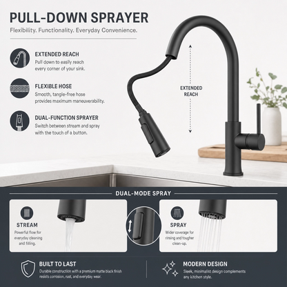Modern Single Handle 1-Hole Pull-Down Kitchen Faucet, Matte Black