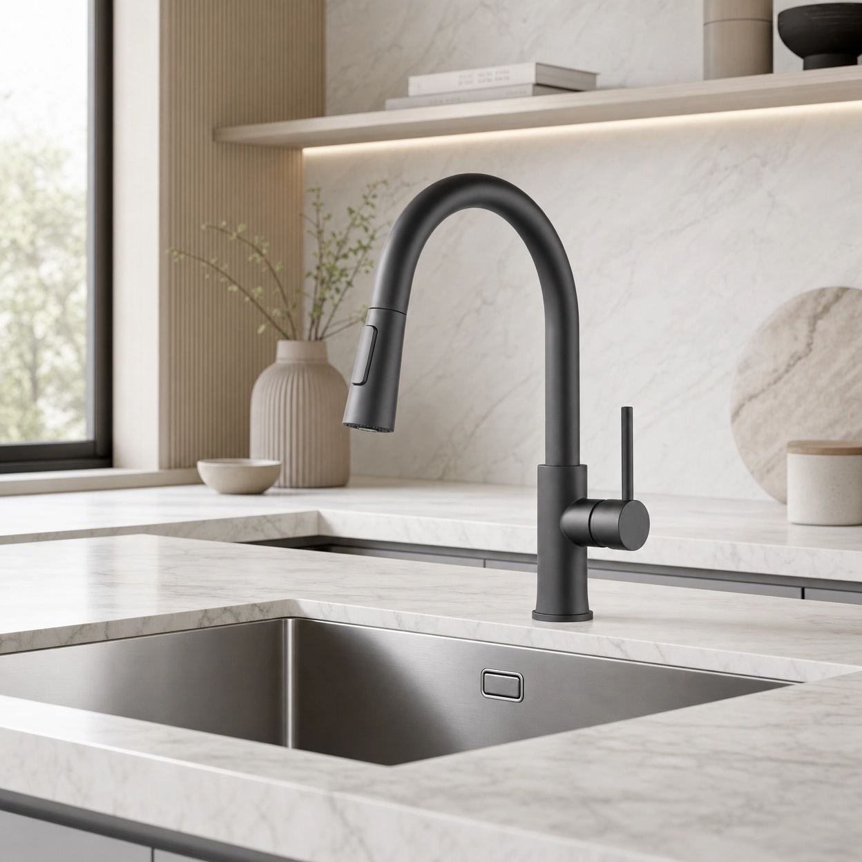 Modern Single Handle 1-Hole Pull-Down Kitchen Faucet, Matte Black