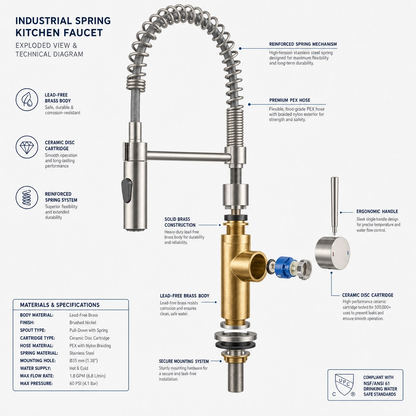 Industrial Single Handle 1-Hole Spring Spout Pull-Down Kitchen Faucet, Brushed Nickel