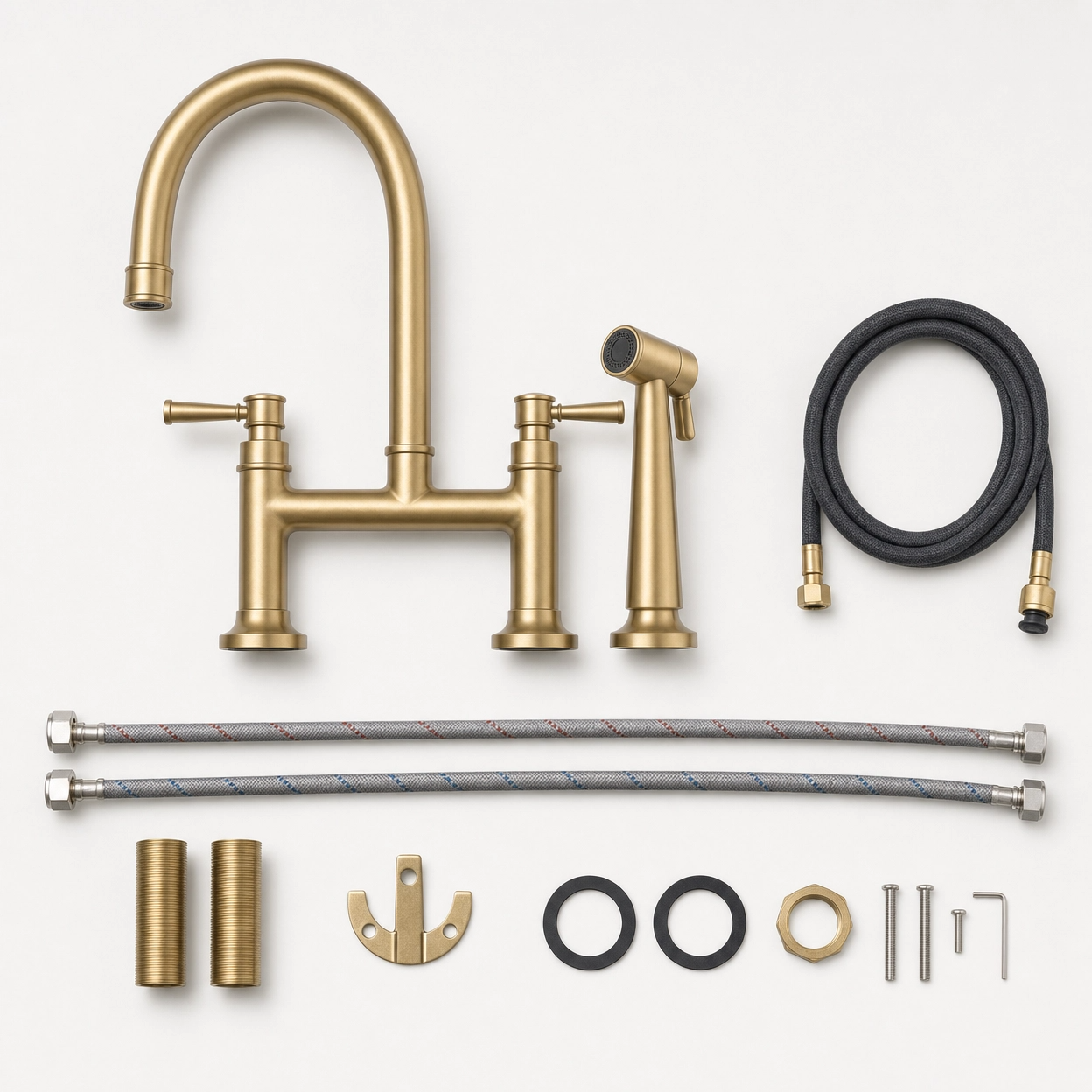 Traditional Two Handle 3-Hole Bridge Kitchen Faucet, Brushed Gold