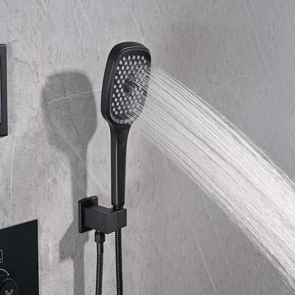 Matte Black LED Thermostatic Waterfall Shower System, Ceiling-Mounted Rainfall Shower Faucet Set with Handheld Shower