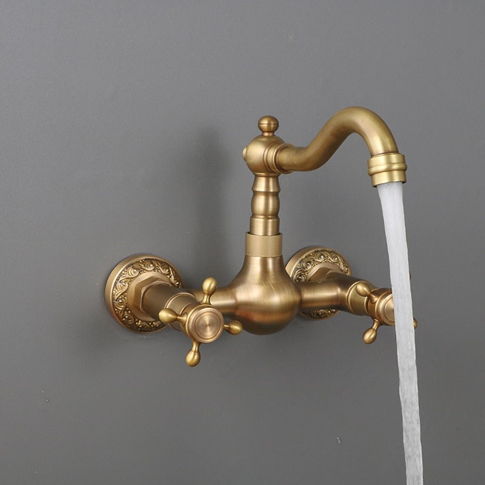 Traditional Antique Brass Wall-Mount Kitchen Faucet, Dual Cross Handle Brass Faucet with Swivel Spout