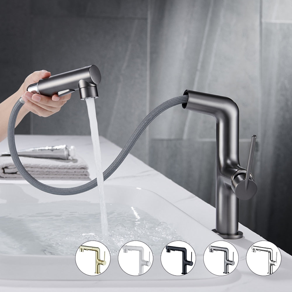 Pull-Out Spray Bathroom Faucet, Modern Single-Hole Single-Handle Brass Faucet, Gunmetal / Matte Black / Brushed Gold / Matte White / Chrome