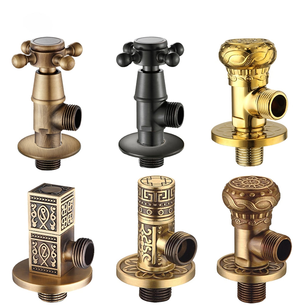 Retro Carved Brass Angle Valve, Wall-Mount Water Shut-Off Valve, Antique Brass / Matte Black / Polished Gold