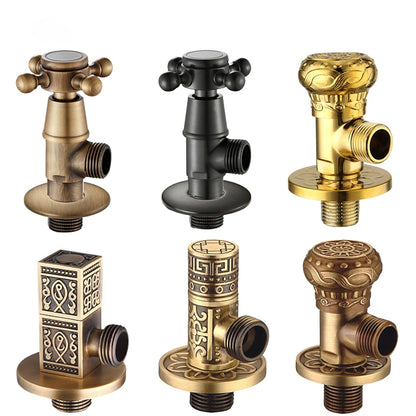 Retro Carved Brass Angle Valve, Wall-Mount Water Shut-Off Valve, Antique Brass / Matte Black / Polished Gold