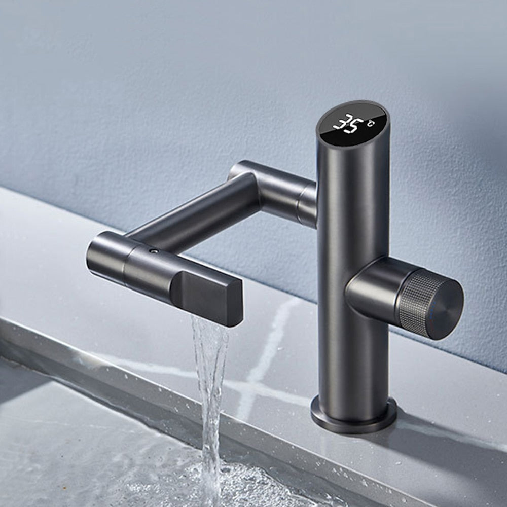 LED Digital Display Single-Hole Single-Handle Bathroom Faucet, Swivel Spout Brass Faucet, Matte Black / Matte White / Gunmetal