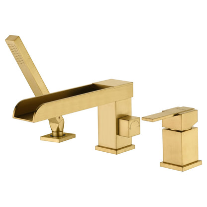 Waterfall Roman Tub Faucet, Single-Handle 3-Hole Tub Faucet with Handheld Shower, Brushed Gold / Matte Black / Chrome