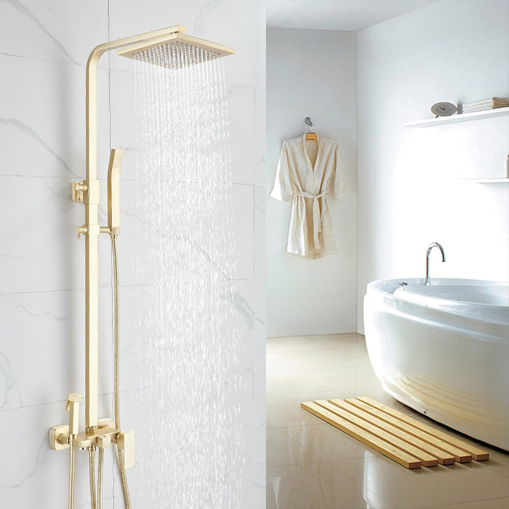 Brushed Gold Wall-Mounted Rainfall Shower System, Handheld Shower / Tub Spout Faucet