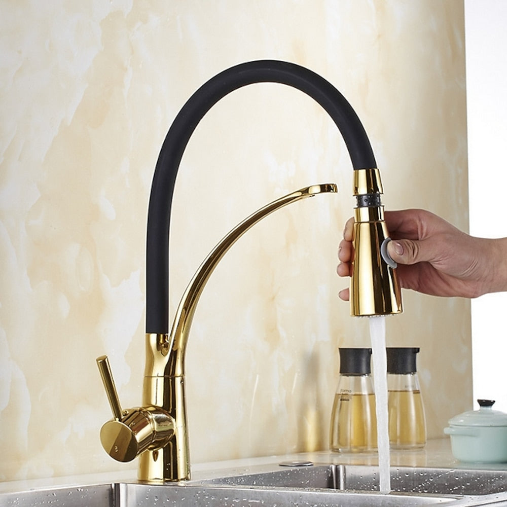 Two-Tone Modern Single-Hole Pull-Down Kitchen Faucet, Single-Handle Brass Faucet with Dual-Mode Swivel Spout