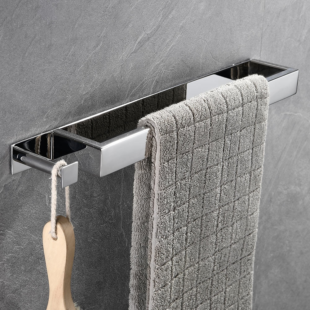Modern Wall-Mounted Stainless Steel Towel Bar, Self-Adhesive Towel Rack with Integrated Hook, Matte Black / Chrome / Brushed Nickel / Brushed Gold