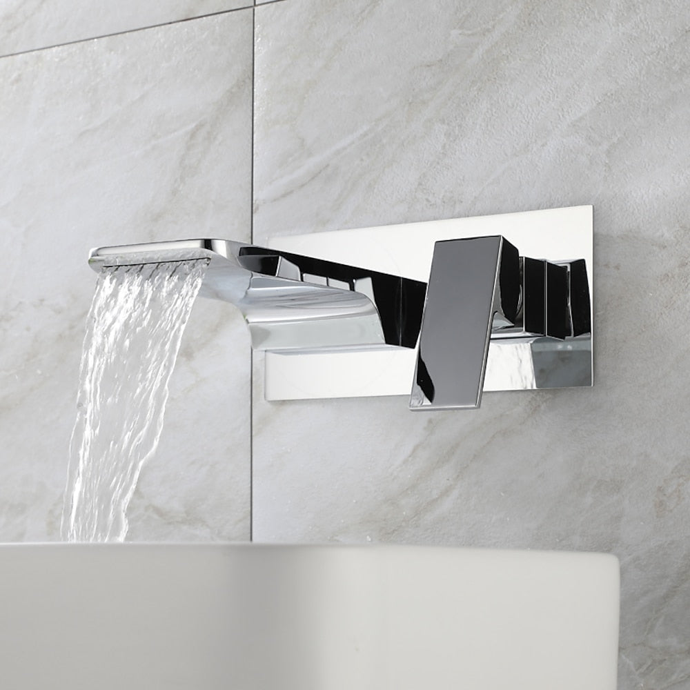 Waterfall Wall-Mount Bathroom Faucet, Single-Handle Brass Faucet, Brushed Gold / Matte Black / Chrome