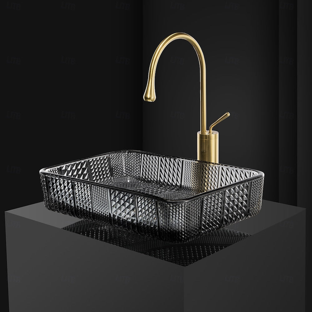 Contemporary Rectangular Tempered Glass Vessel Sink, Single-Handle Brushed Gold Faucet with Pop-Up Drain