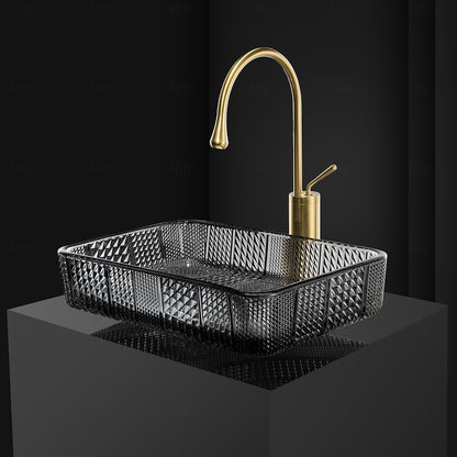 Contemporary Rectangular Tempered Glass Vessel Sink, Single-Handle Brushed Gold Faucet with Pop-Up Drain