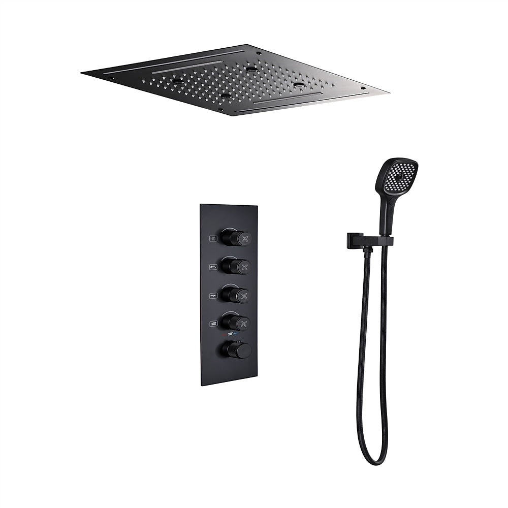 Matte Black LED Waterfall Rainfall Shower System, Wall-Mount Thermostatic Shower Set with Handheld Shower
