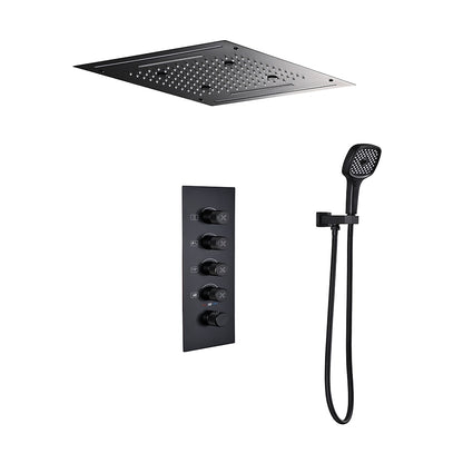 Matte Black LED Waterfall Rainfall Shower System, Wall-Mount Thermostatic Shower Set with Handheld Shower