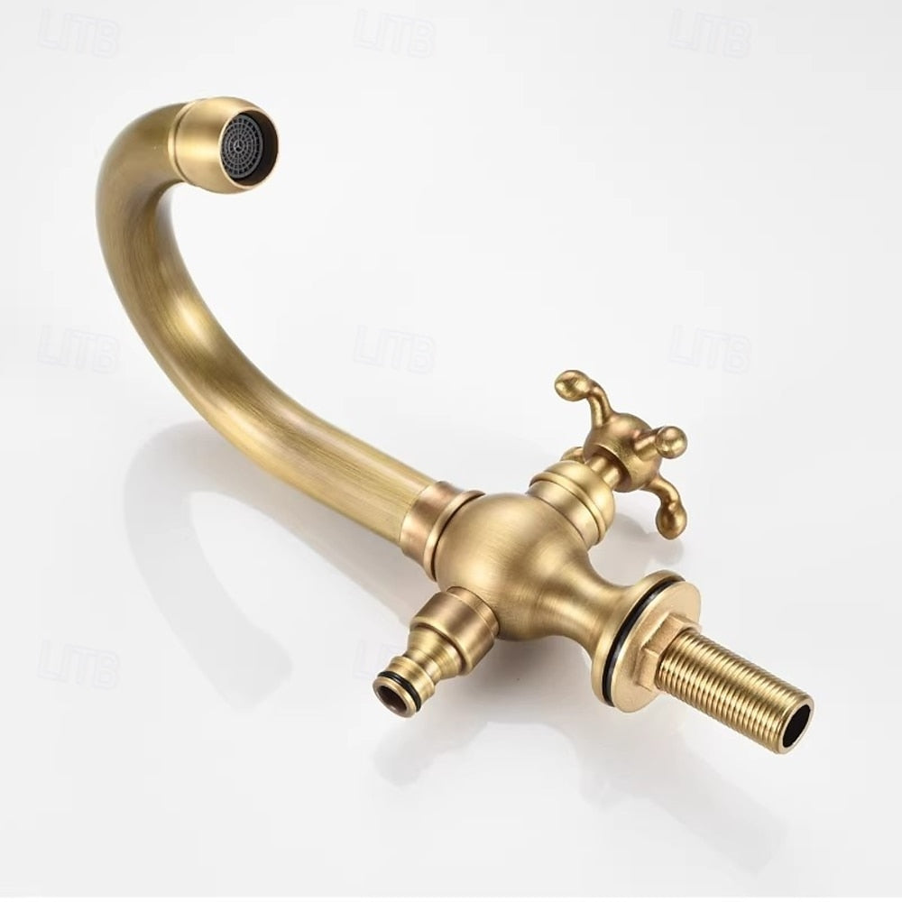 Swivel Spout Single-Hole Bathroom Faucet, Vintage Brass Faucet with Cross Handle