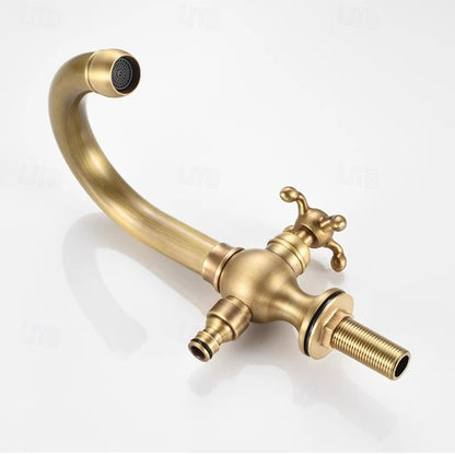 Swivel Spout Single-Hole Bathroom Faucet, Vintage Brass Faucet with Cross Handle