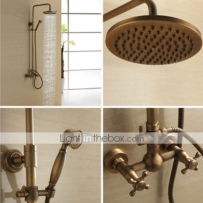 Antique Brass Vintage Exposed Shower Faucet, Wall-Mount Complete Shower System with Handheld Shower / 8-Inch Rain Shower Head