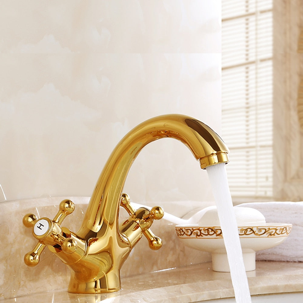 Vintage Single-Hole Bathroom Faucet, Dual Cross Handle Brass Faucet