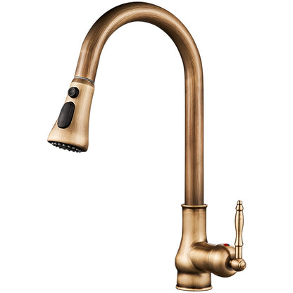 Antique Brass Retro Kitchen Faucet, Deck-Mount Single-Handle Pull-Out Faucet with Soap Dispenser / Pop-Up Drain