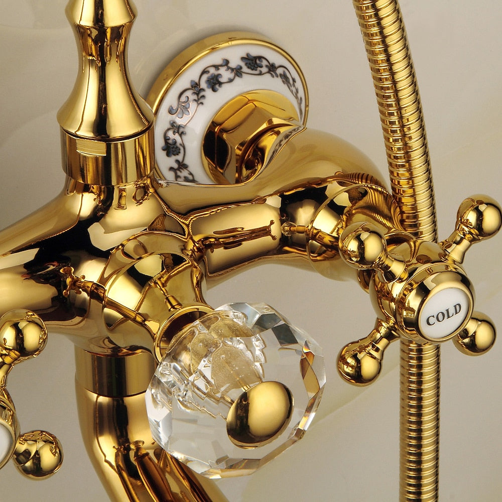 Polished Gold Wall-Mount Tub Filler Faucet, Telephone Dual-Handle Bathtub Faucet with Handheld Shower