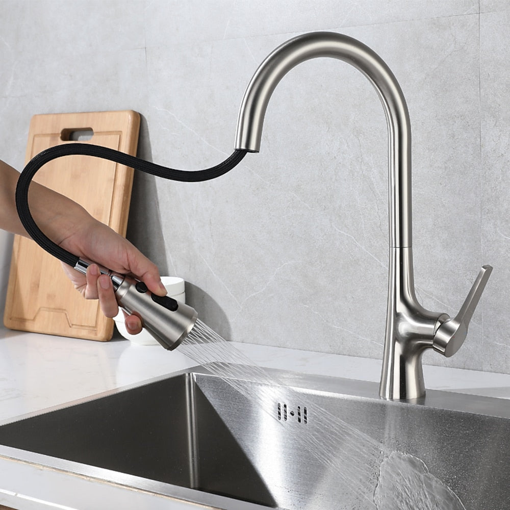 Modern Pull-Down Kitchen Faucet, Single-Handle High Arc Brass Faucet, Matte Black / Chrome / Brushed Nickel / Matte White / Gunmetal