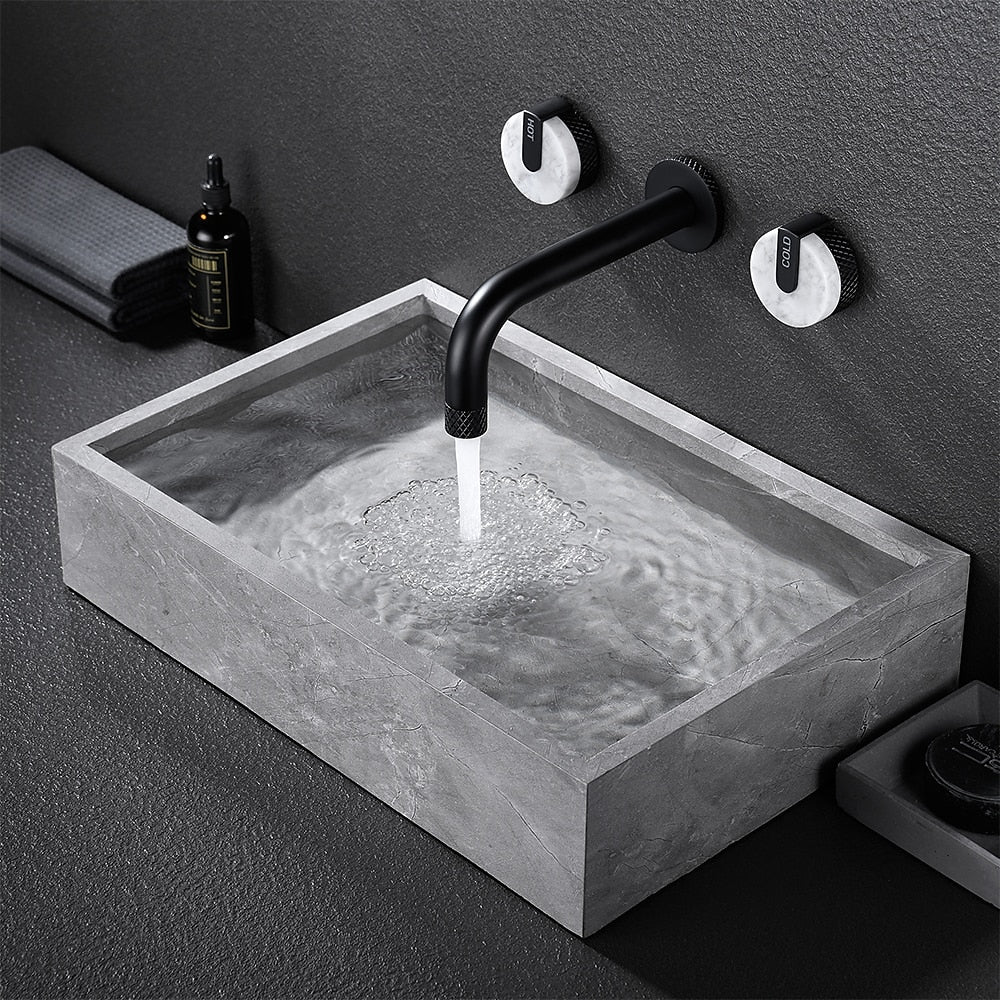 Matte Black Wall-Mount Bathroom Faucet, Rotatable Spout Dual-Handle Faucet with Marble Handles