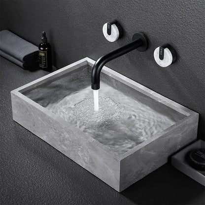 Matte Black Wall-Mount Bathroom Faucet, Rotatable Spout Dual-Handle Faucet with Marble Handles