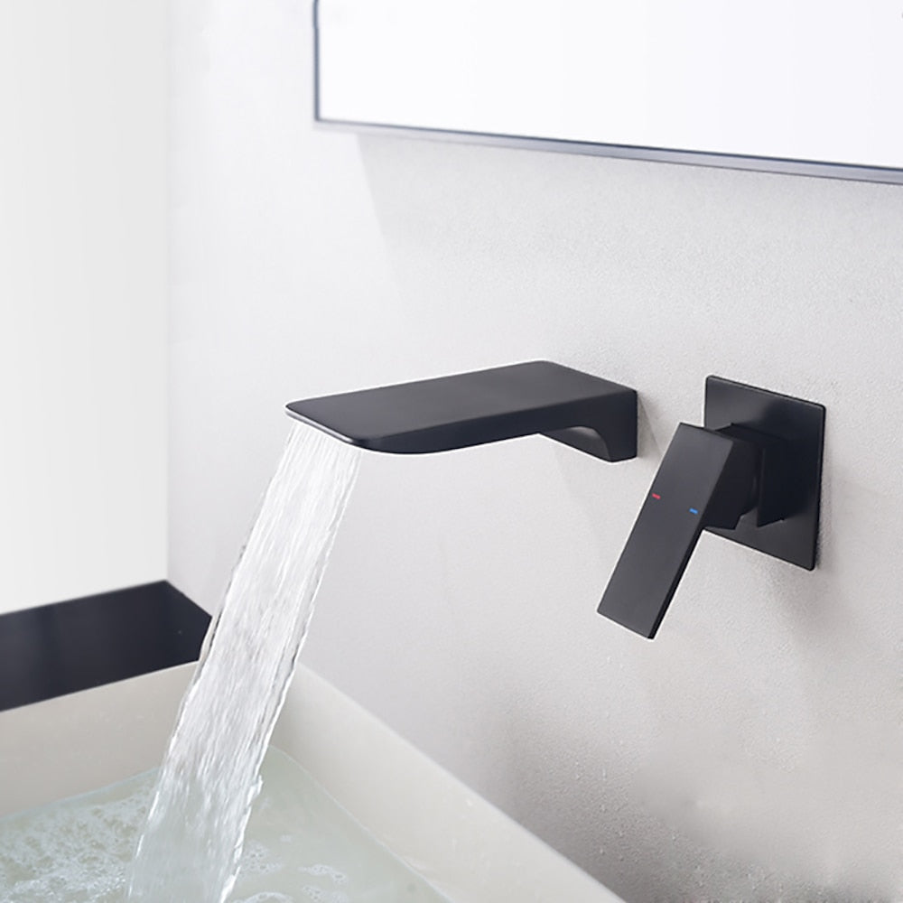 Matte Black Waterfall Wall-Mount Bathroom Faucet, Modern Single-Handle Sink Faucet