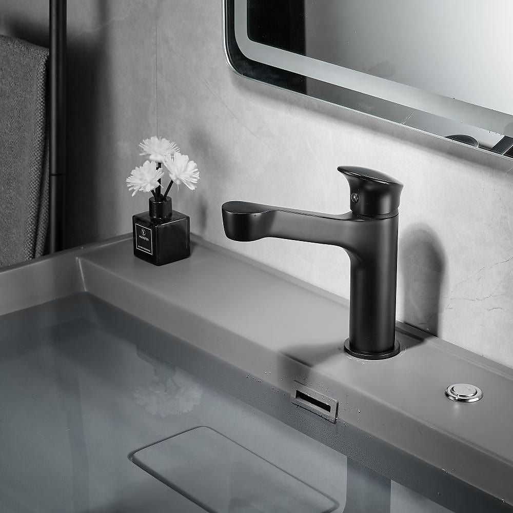 Modern Waterfall Bathroom Faucet, Single-Hole Brass Single-Handle Faucet, Matte Black / Matte White / Gunmetal / Chrome / Brushed Gold