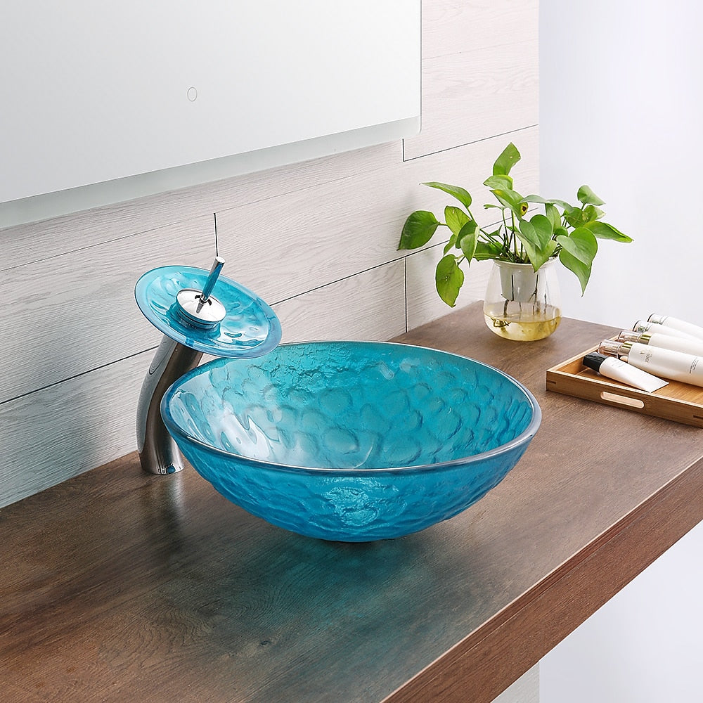 Blue Tempered Glass Vessel Sink with Chrome Waterfall Faucet, Modern Single-Hole Bathroom Vanity Basin Set with Pop-Up Drain