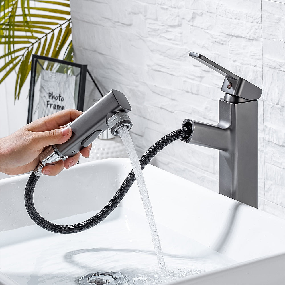 Pull-Out Single-Hole Brass Bathroom Faucet, Upward Fountain Spout Faucet, Chrome / Matte Black / Brushed Gold / Gunmetal