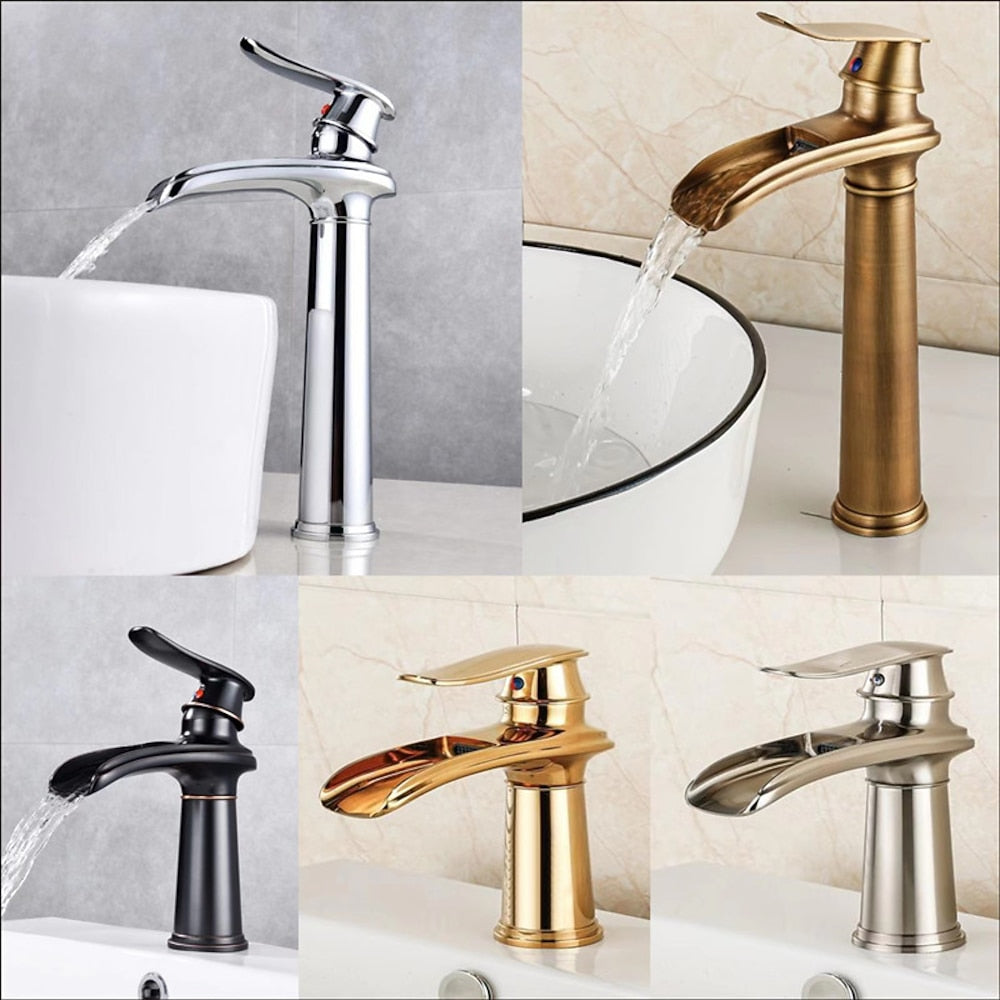 Waterfall Single-Hole Bathroom Faucet, Single-Handle Brass Faucet, Chrome / Matte Black / Brushed Nickel / Antique Brass / PVD