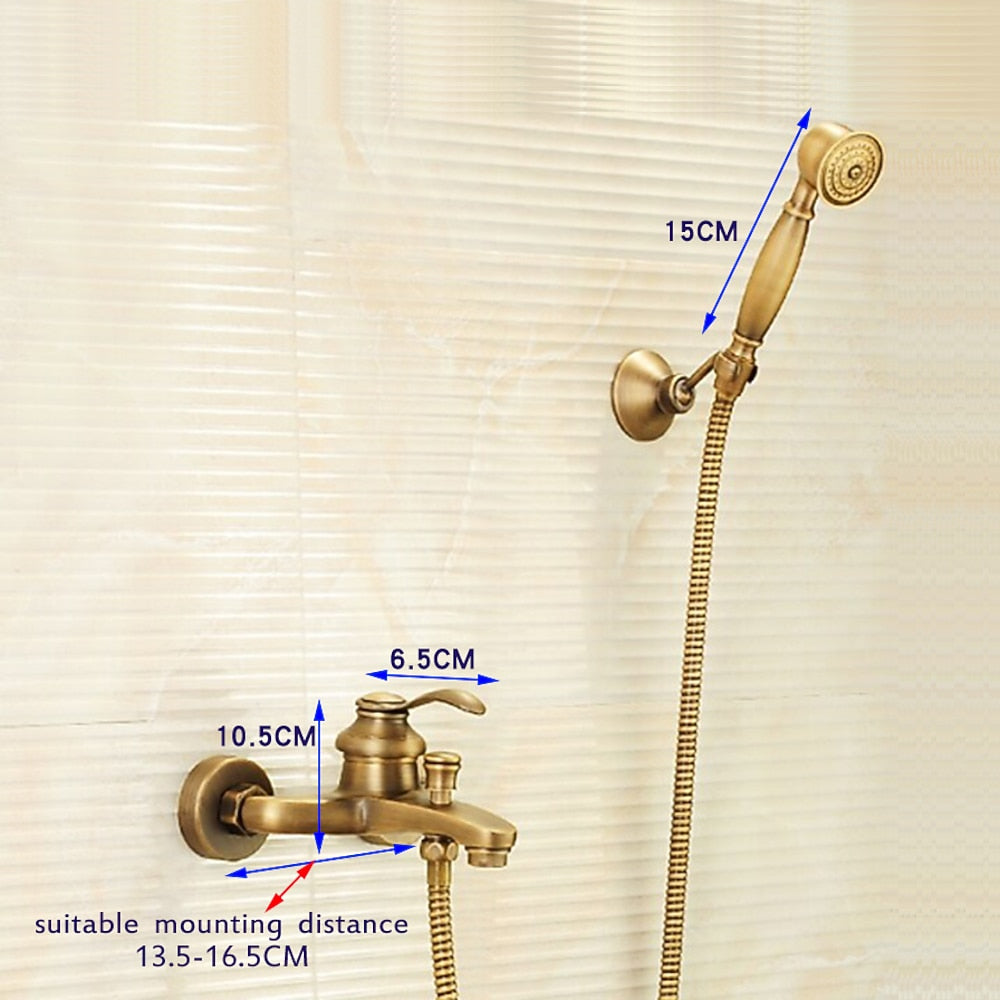 Antique Brass Wall-Mount Tub Faucet, Single-Handle Brass Tub Filler Faucet with Hand Shower