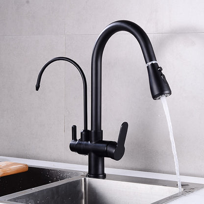 Modern 3-Way Pull-Down Kitchen Faucet, Dual-Handle Swivel Gooseneck Faucet, Gunmetal / Matte Black / Chrome / Matte White / Two-Tone / Antique Brass / Brushed Gold / Brushed Nickel