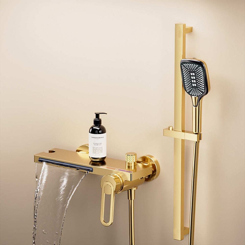 Modern Waterfall Wall-Mount Bathtub Faucet, Single-Handle Brass Tub Faucet with Handheld Shower, Brushed Gold / Chrome / Gunmetal / Matte Black / Matte White / Polished Gold