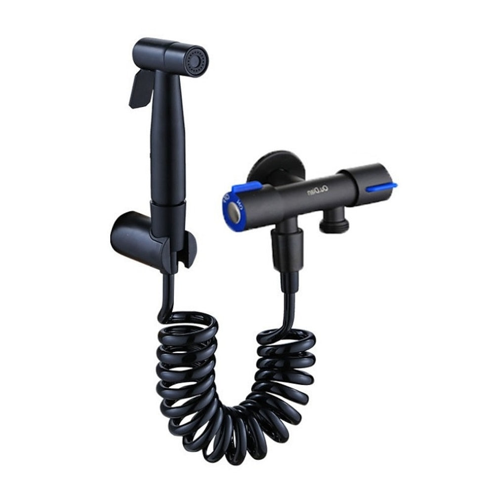 Wall-Mount Stainless Steel Handheld Toilet Bidet Sprayer Kit with Hose, Dual-Control T-Valve Sprayer, Matte Black / Stainless Steel