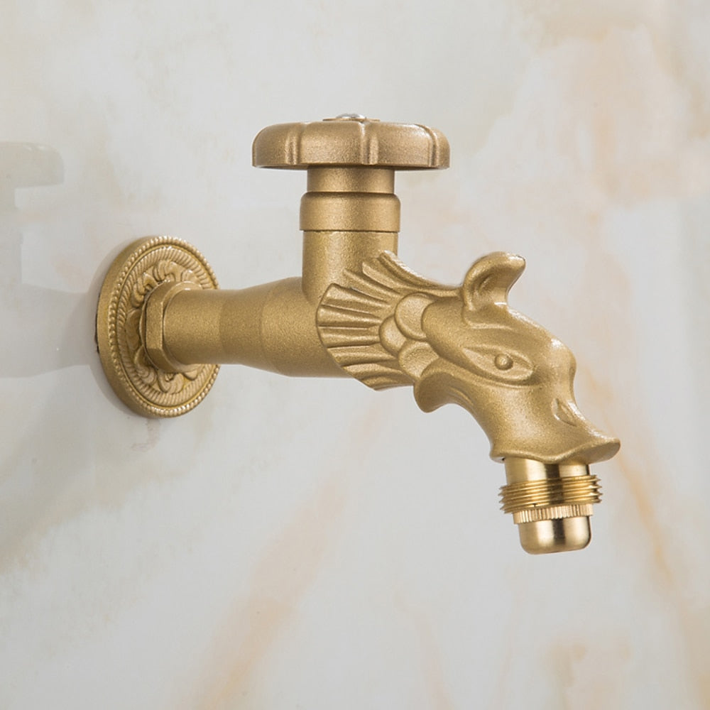 Vintage Dragon Wall-Mount Garden Faucet, Single Wheel Handle Outdoor Faucet, Antique Brass / Matte Black / Brushed Gold
