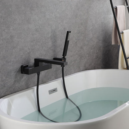 Matte Black Thermostatic Wall-Mount Bathtub Faucet, Dual-Handle Brass Tub Filler with Handheld Shower