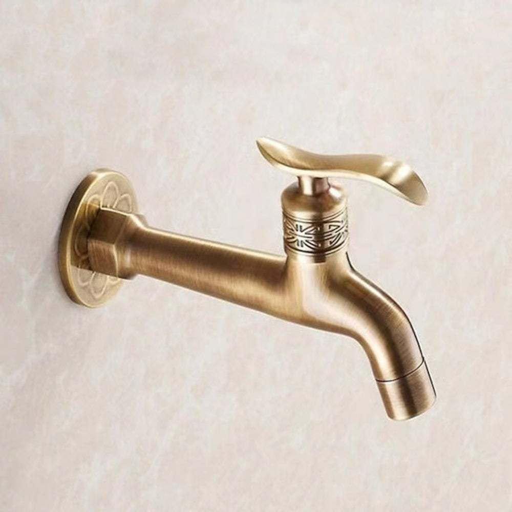 Antique Brass Wall-Mount Garden Faucet, Single-Handle Decorative Spigot Faucet