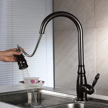 Traditional High-Arc Pull-Down Kitchen Faucet, Single-Handle Single-Hole Brass Faucet, Oil-Rubbed Bronze / Chrome / Brushed Nickel / Polished Gold