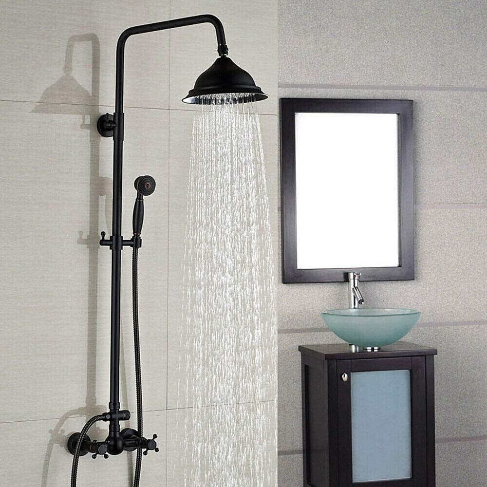 Oil-Rubbed Bronze Traditional Wall-Mounted Rainfall Shower System, Dual-Handle Brass Faucet with Handheld Shower