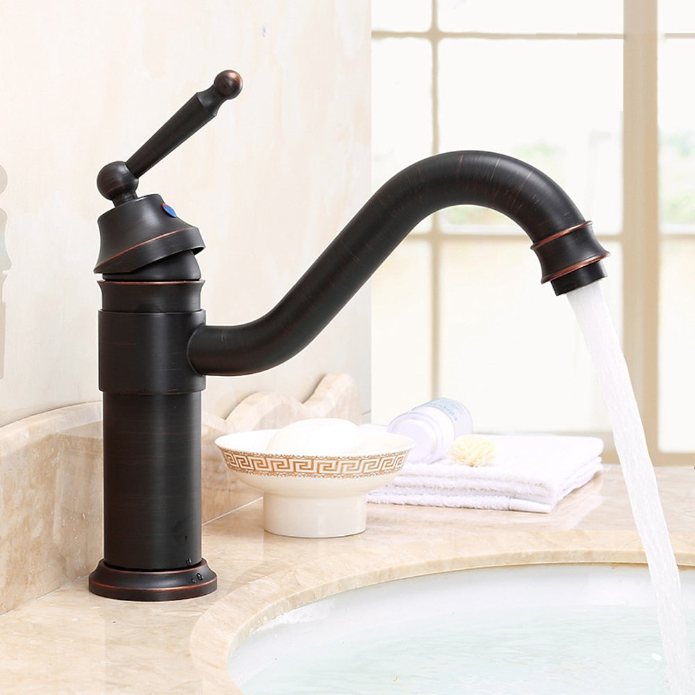 Antique Single-Hole Bathroom Faucet, Single-Handle Brass Faucet with Swivel Spout, Antique Brass / Oil-Rubbed Bronze / Brushed Nickel / Chrome / Polished Gold