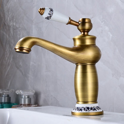 Vintage Single-Hole Bathroom Faucet, Single-Handle Brass Faucet with Ceramic Floral Base, Antique Brass / Chrome / Polished Gold / Matte Black