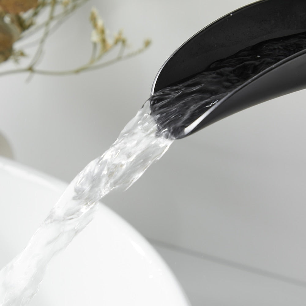 Modern Waterfall Vessel Sink Faucet, Single-Handle Brass Faucet, Matte Black / Chrome