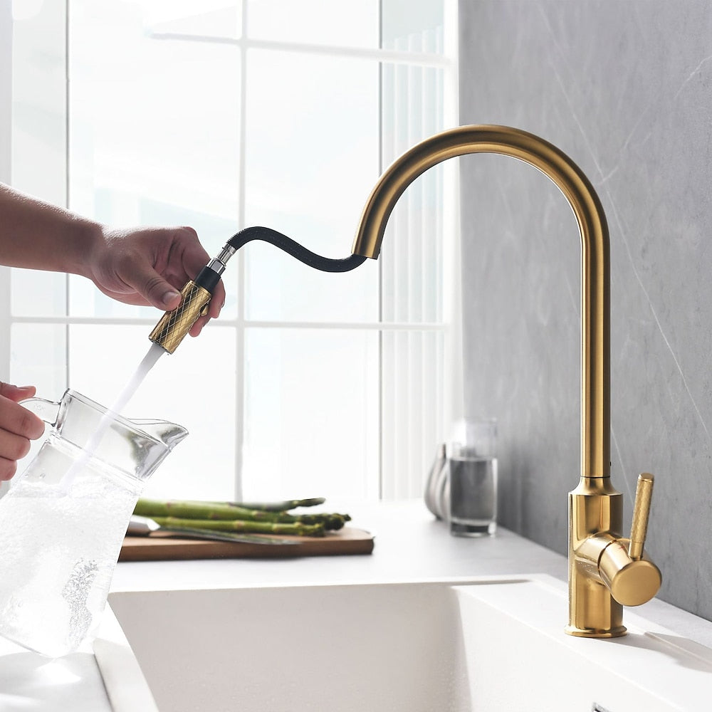 Pull-Down High-Arc Kitchen Faucet, Single-Handle Brass Faucet